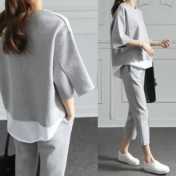 

2018 autumn casual o-neck fake two pieces 3/4-length pants two-piece sets loose splits sleeve cotton suits, White