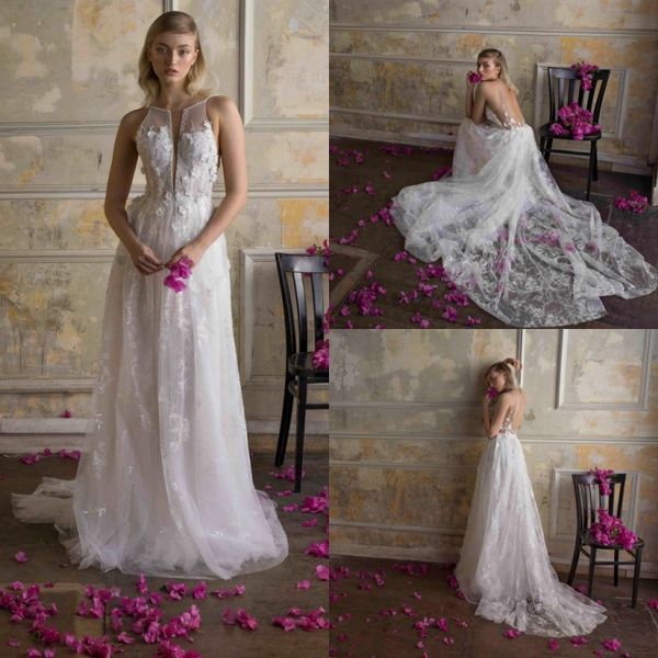 

2019 limor rosen bohemian wedding dresses a line backless sweep train lace appliques beach wedding dress custom made boho bridal gowns, White