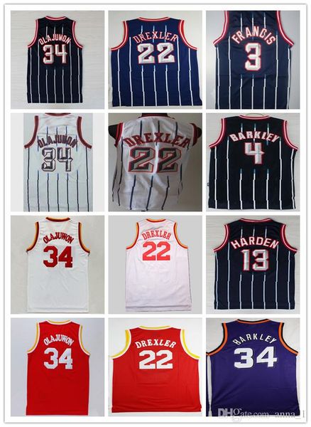 

13 harden 22 clyde drexler jer ey black red 34 hakeem olajuwon white blue tripe 3 teve franci retro jer ey