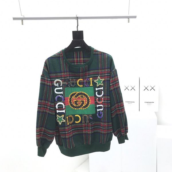 

women's sweatshirt 2019 winter new fashion trend striped striped rhinestone beaded round neck loose sweatshite size s-xl, Black