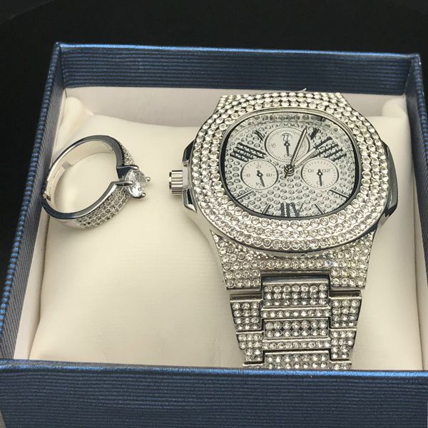 

luxury men hip hop iced out diamond watch & ring combo set diamond adjustable ring rock rapper men jewelry street dance gift, Slivery;brown