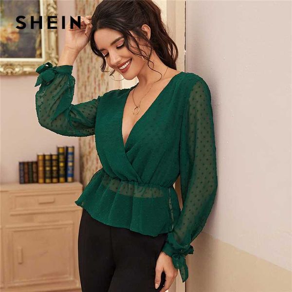 

shein deep v neck solid swiss dot surplice front knotted cuff peplum blouse women spring long sleeve ruffle hem blouses, White