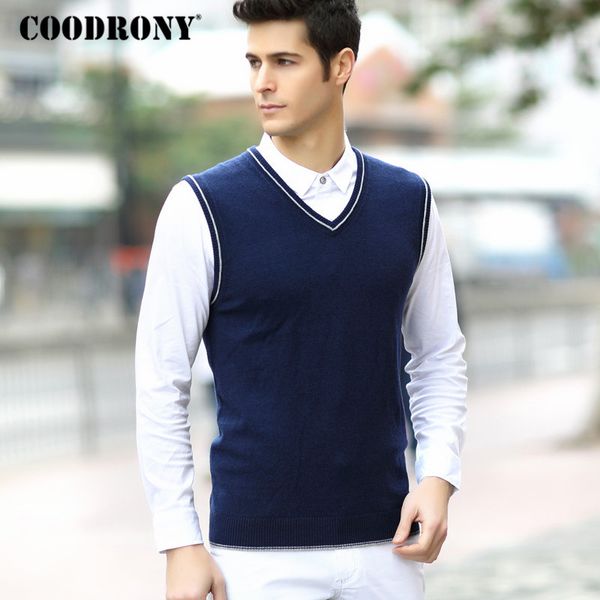 

coodrony men sweater christmas warm merino wool vest men 2018 autumn winter casual v-neck sleeveless cashmere sweater vests 8334, Black;white