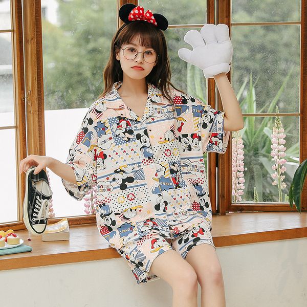 

caiyier summer colorful cartoon pajamas set turn-down collar sleepwear cotton casual nightwear lovely girls homewear, Black;red