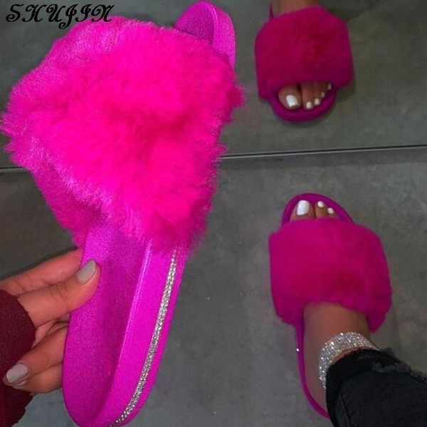 

slippers 2021 spring woman indoor home furry warm casual flat with outdoor non-slip colorful shoes, Black