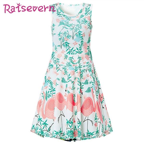 

raisevern flymingo print girls dress sleeveless daily casual summer children dresses, Red;yellow
