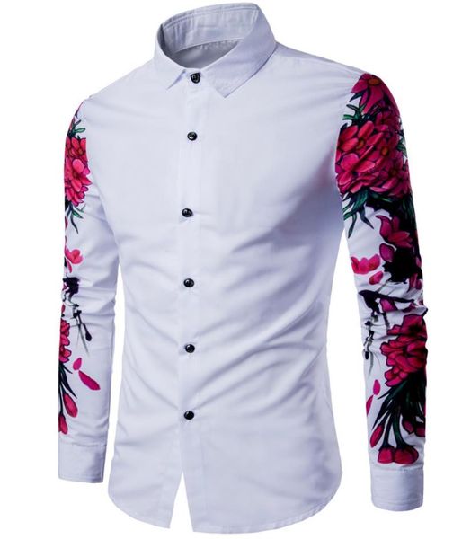 

print floral shirt casual men part print floral pattern design turn down collar long sleeve patchwork men dress shirt ship, White;black