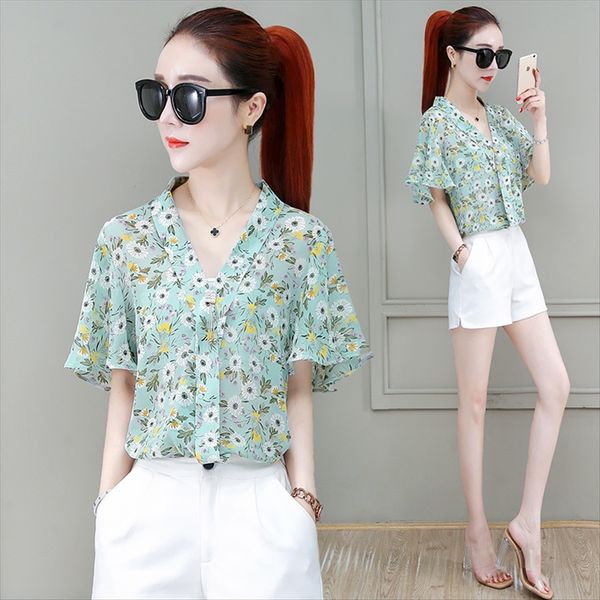

40 x 71560-1 t-shirt female 2020 summer refreshing and comfortable temperament v-neck printed chiffon t-shirt, White