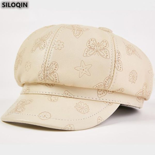 

siloqin trend genuine leather hat autumn fashion sheepskin newsboy caps for women's elegant noble ladies brands student cap new, Blue;gray