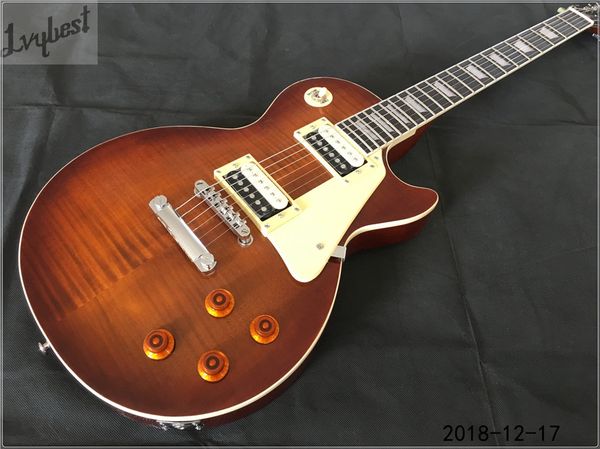 

wholesale- customized electric guitar dark brown see thru wood flame grain own customer logo gold print ebony fingerboard zebra pickups