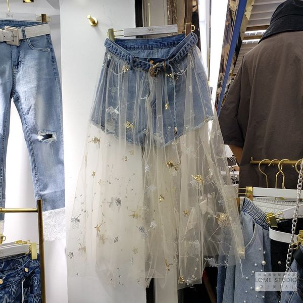 

сращивание сетки джинсовые шорты женские 2020 лето новый тяжелый вязание крючком блестки тонкие джинсовые шорты девушки дамы уличная горячая, Blue