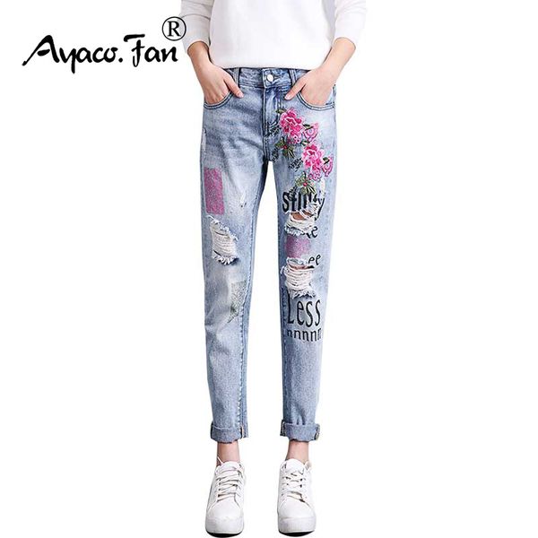 

2019 womens jeans flowers embroidery boyfriend holes ripped jeans for women harajuku printing pantalon femme stretch trousers, Blue
