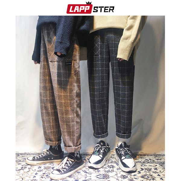 

lappster men winter streetwear harem plaid pants 2019 mens thick fleece hip hop sweatpants male loose korean fashoins joggers, Black