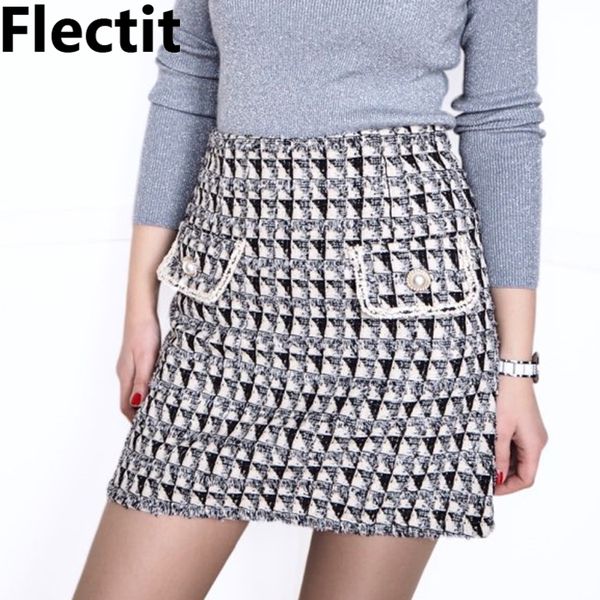 

flectit fall winter 2019 womens plaid wool skirt with pearl button false pocket plus size glitter tweed mini skirt *, Black;gray