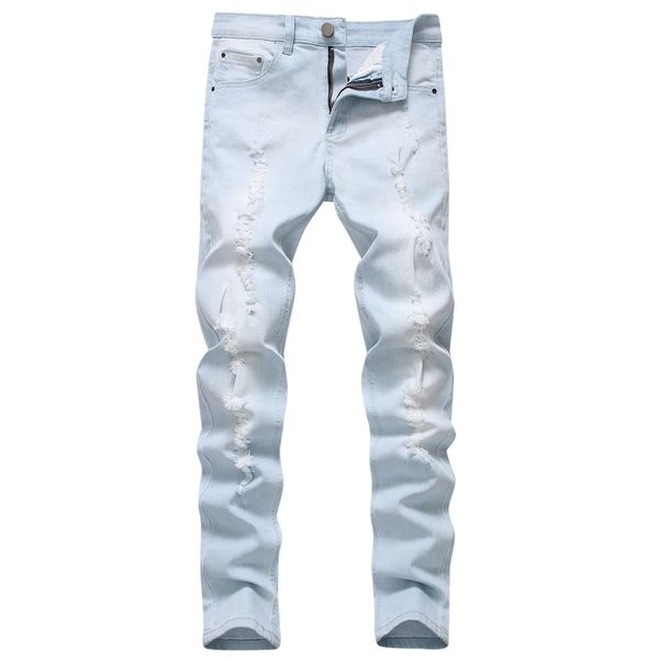 

vogue autumn and winter fashion men's casual personality slim worn out denim trousers solid color chic fashion, Blue
