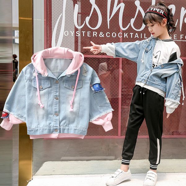 

autumn 2019 girls jackets kid clothes children clothing fashion patchwork girls coat cowboy jacket 3 to13 years, Blue;gray