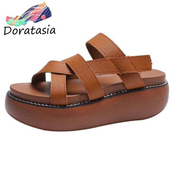 

doratasia women open toe platform sewing wedges shoes cute comfy casual daily sandals women retro solid slippers, Black