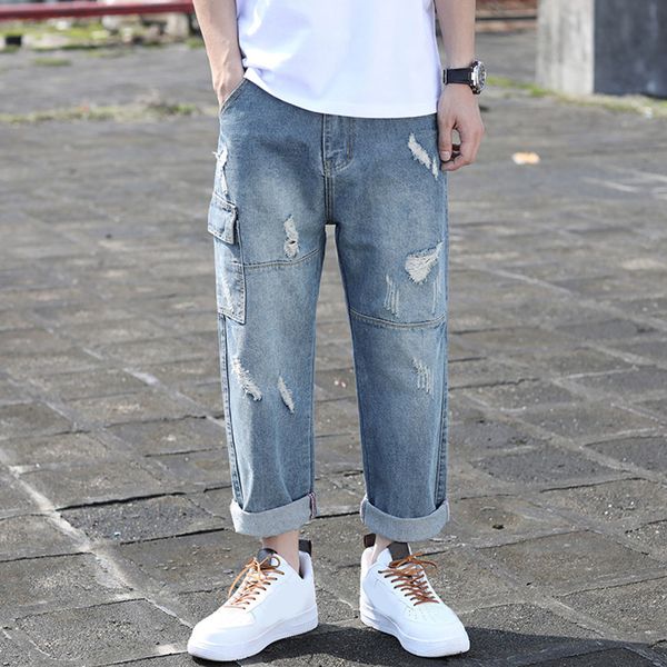 

men's jeans long pants 2019 new fashion summer autumn casual fold straight loose hole streetwear trousers pants menjeans hombre, Blue