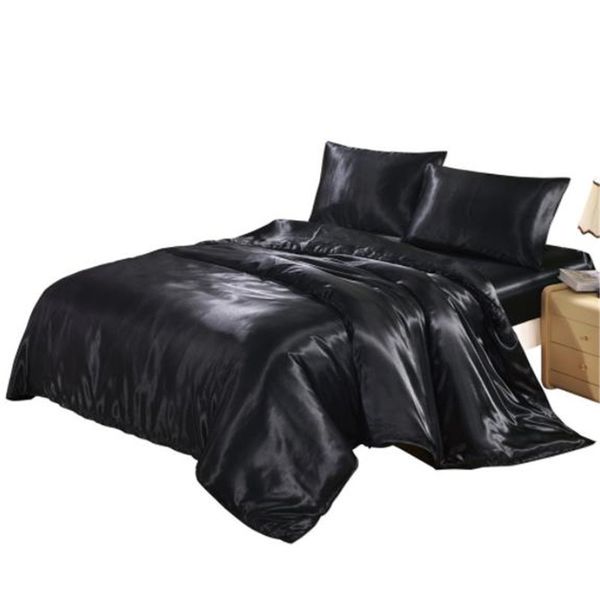 

solid color satin faux silk bedding set black duvet cover set silky bed cover us twin  king uk single double king 2/3/4pcs