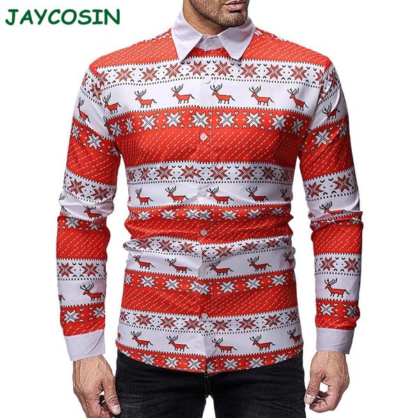 

jaycosin men clothes 2019 christmas print shirt men fashion long sleeve shirt blouse streetwear autumn winter 1122, White;black