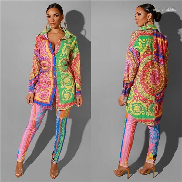 

2шт рубашки брюки цветочный принт лацкан шеи с длинным рукавом осенний стиль женская одежда женская роскошь дизайнер, White