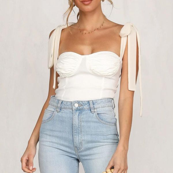 

tank women summer bandage bow sleeveless women white square collar backless mujer verano 2020