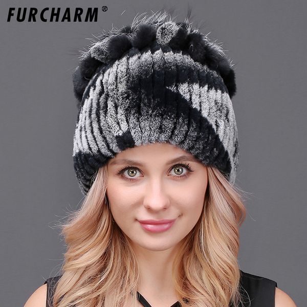 

furcharm зимы женщин меховая шапка теплый рекс меховые шапки с цветочной top женщины качество вскользь теплые шапочки cap, Blue;gray