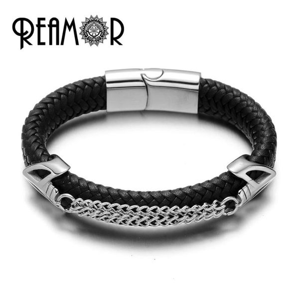 

reamor 316l stainless steel double link mask charms cuff bracelets bangles 12mm braided leather men bracelets jewelry, White