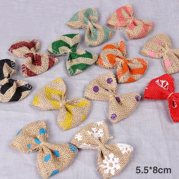 

5pcs/lots 8cm jute burlap hessian christmas bows colorful bow tie for vintage rustic wedding baby shower birthday gift wrapping