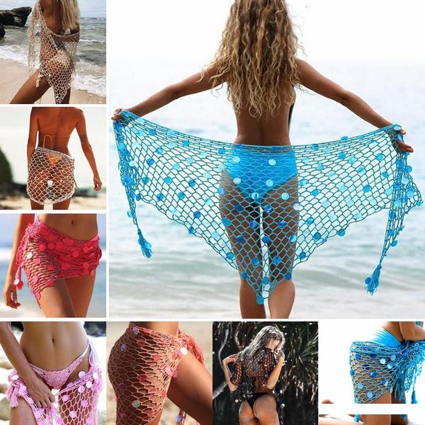 

crochet bikini 2019 new arrival summer women sequin hollow out fishnet crochet mesh bikini cover up swimwear bathing beach, Blue;gray