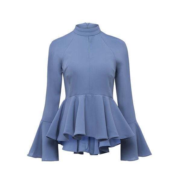 

women's blouses & shirts 2021 flare sleeve blouse turtleneck blue long female spring fashion ladies high street ruffles, White