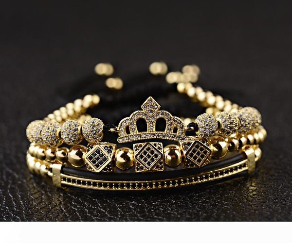 

2019 new classical handmade braiding bracelet gold hip hop men pave cubic zircon crown roman numeral bracelet luxury jewelry, Golden;silver
