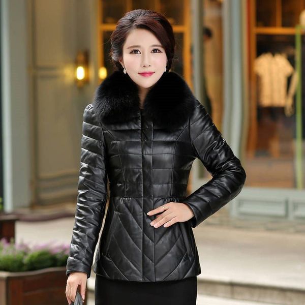 

2019 winter plus size 4xl woman slim real fur collar genuine leather down jacket female short natural sheepskin coat r242, Black