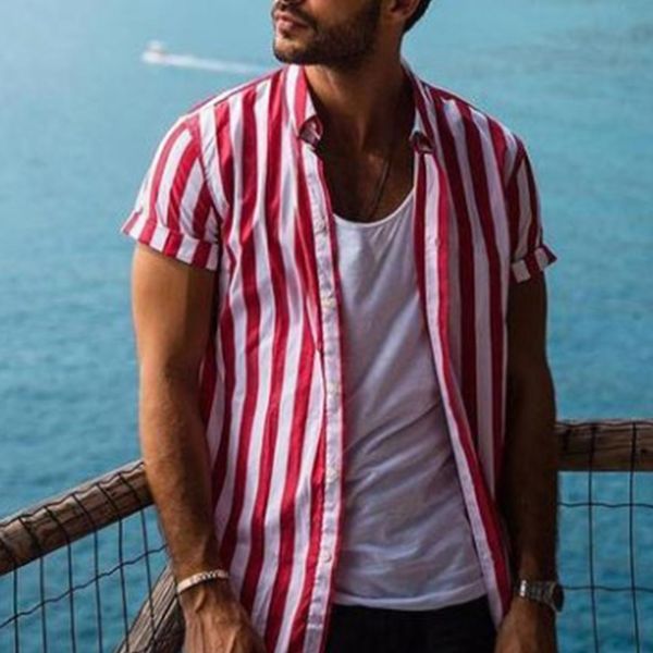 

new striped shirt summer male clothing loose fit turn down collar button short sleeve shirt camisa casual tee, White;black