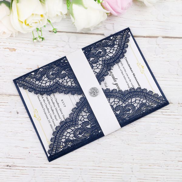 

New Elegant Laser Cut Navy Blue Invitations Cards With Crystal on Belt For Wedding Bridal Shower Engagement Birthday Graduation Invite