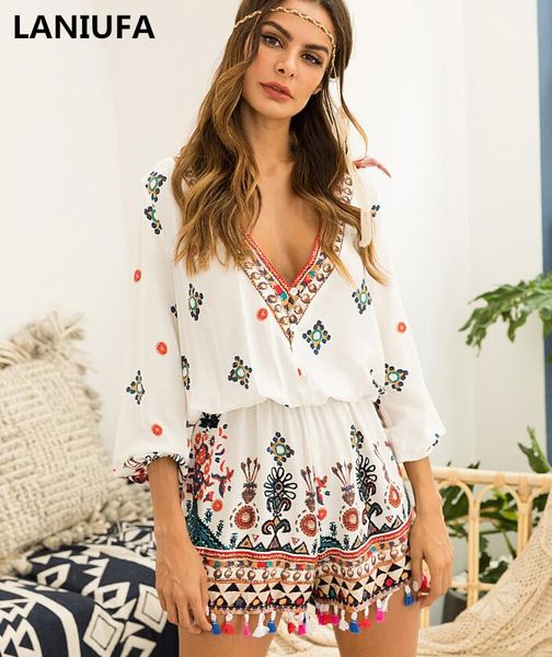 

women playsuits long sleeve bohemian casual tassel chiffon beach jumpsuit summer deep v-neck elegant playsuits women mujer, Black;white