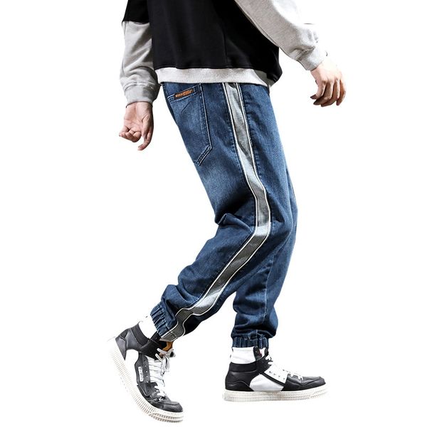 

#2078 autumn hip hop jeans men side spliced striped fashions harem jeans homme loose streetwear biker blue elastic waist