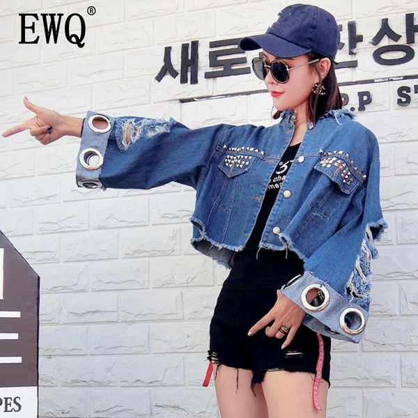 

ewq] 2019 summer new korean fashion clothing ring nail rivet hole frayed short sleeve denim jacket trend coat qh74005, Black;brown