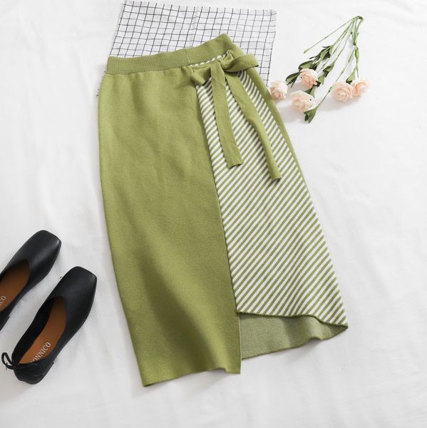 

singrain women irregular stripe knitted skirt casual autumn high waist knitting midi skirt fashion winter bow long pencil skirt, Black
