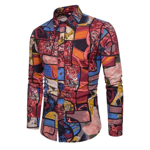 

2019 new fashion spring autumn casual men shirt slim fit flower print linen shirt long-sleeved shirts male floral social masculi, White;black