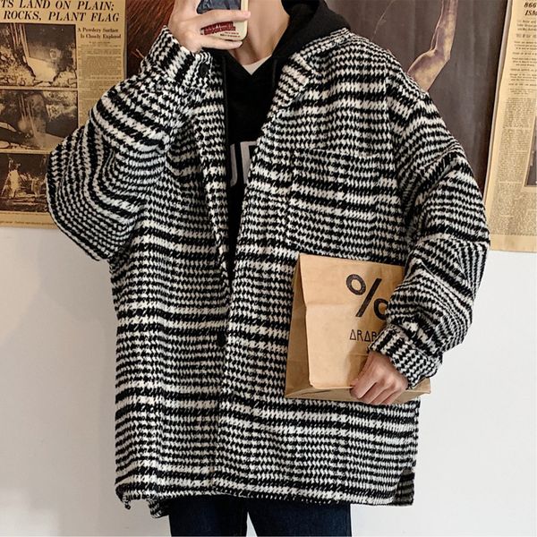 

winter new woolen coat men's fashion casual retro woolen jacket man streetwear wild loose plaid coat male overcoat m, Black