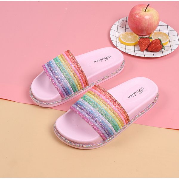 

flat slippers women shoes woman bling rainbow colorful bordered non slip outside beach girls slides sweet summer ladies female, Black