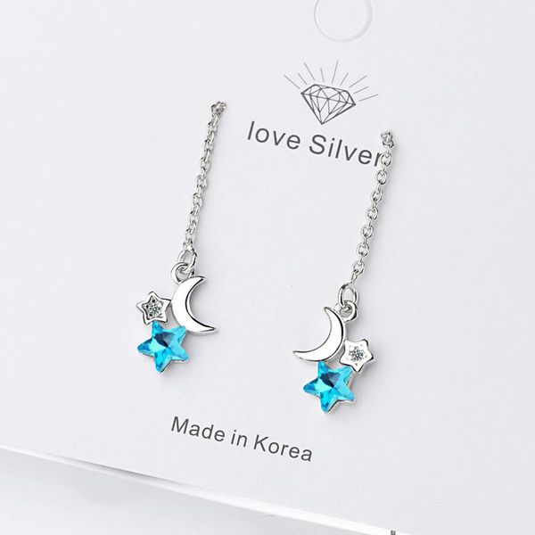 

2020 cute 925 sterling silver earrings girl blue crystal zircon star moon long tassel ear line earring for women engagement gift