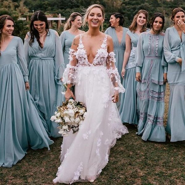 

2020 spring boho wedding dresses 3d floral a line bridal gowns sheer neck v neck beach wedding gowns custom made, White
