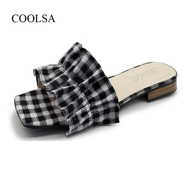 

coolsa women's summer ruffles slippers female fashion retro flip flops new home flat slides comfortable non-slip slippers hot, Black