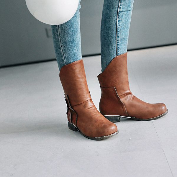 

women's leather boots mid tube 2019 fashion winter boot floral appliques slip on warm fur botas mujer western low heel shoes, Black