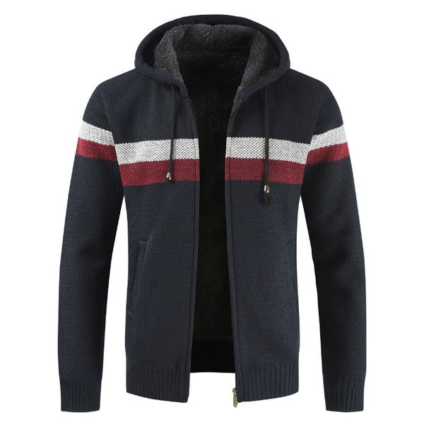 

laamei sweater coat men 2019 winter thick warm hooded cardigan men striped cashmere wool liner zipper fleece coats, White;black