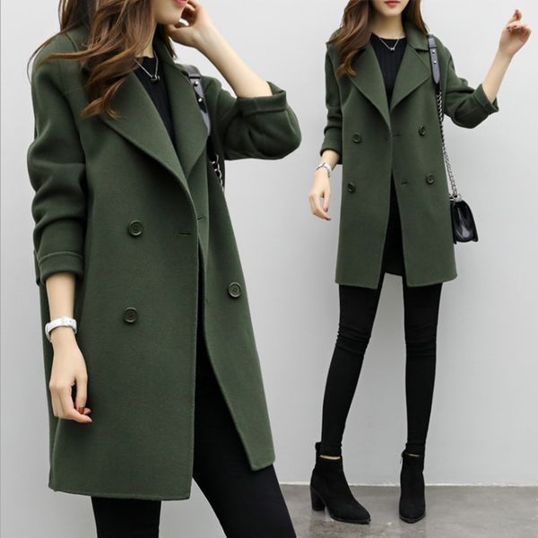 

autumn winter women woolen coat new double-breasted long sleeve loose coats turn-down collar outwear female 2019 fashion new, Black