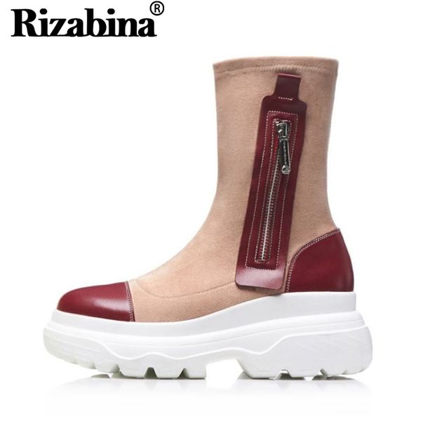 

rizabina lady thick bottom real leather mid calf boots daily outdoor winter shoes women zipper fashion botas footwear size 34-40, Black