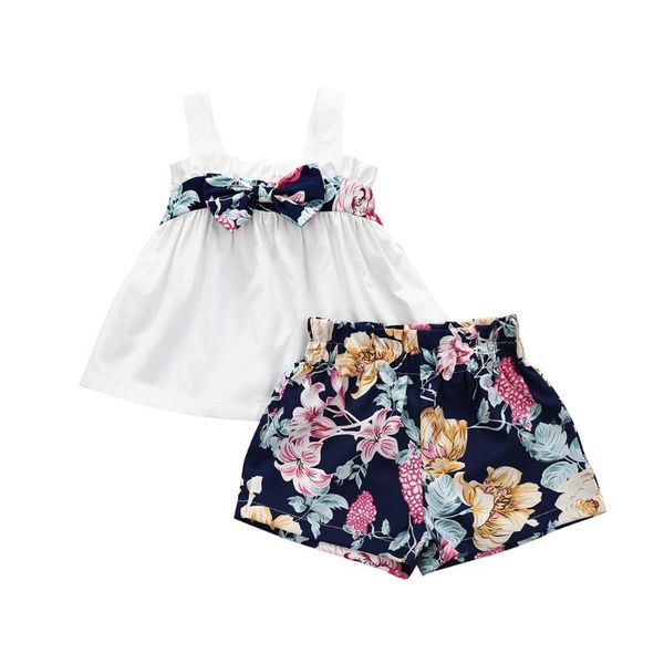 

2pcs toddler kids baby girls clothing bow strap vest +floral print shorts clothes set girls boutique outfits, White